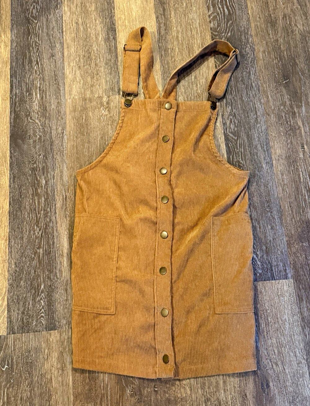 KORI Women’s Brown Corduroy Overall Mini Dress V-Neck Button Front Pockets M